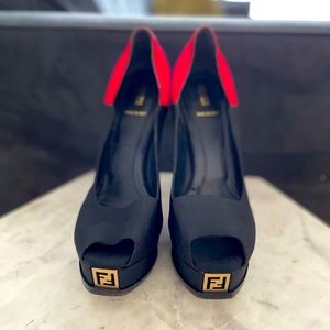 Fendi satin black/red/pink peep toe pumps.